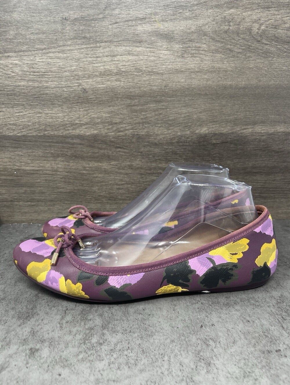 Coach Lara Floral Ballet Flats Purple Womens Size 7.5 Leather Bow Slip On Shoes